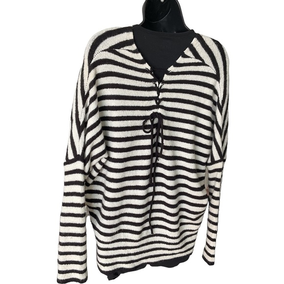 A.N.A black white knit striped sweater with lace up tie back Size Med - Picture 2 of 8